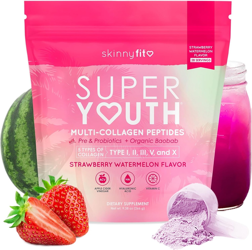 SkinnyFit - Super Youth Collagen for Women - Multi Collagen Peptides Powder - Probiotics, Fiber, Hyaluronic Acid - Non GMO, Gluten Free, Sugar Free - Beauty - Strawberry Watermelon (28 Servings)