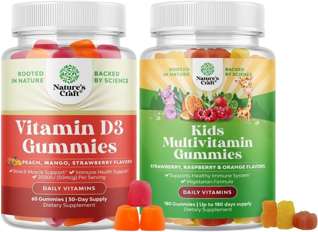 Bundle of Vitamin D3 Gummies for Adults Daily Wellness with 2000IU per Serving - Bone Muscle & Immune Support and Kids Multivitamin Gummies for Kids Immunity Support with Vitamins A C D3 E B and Zinc