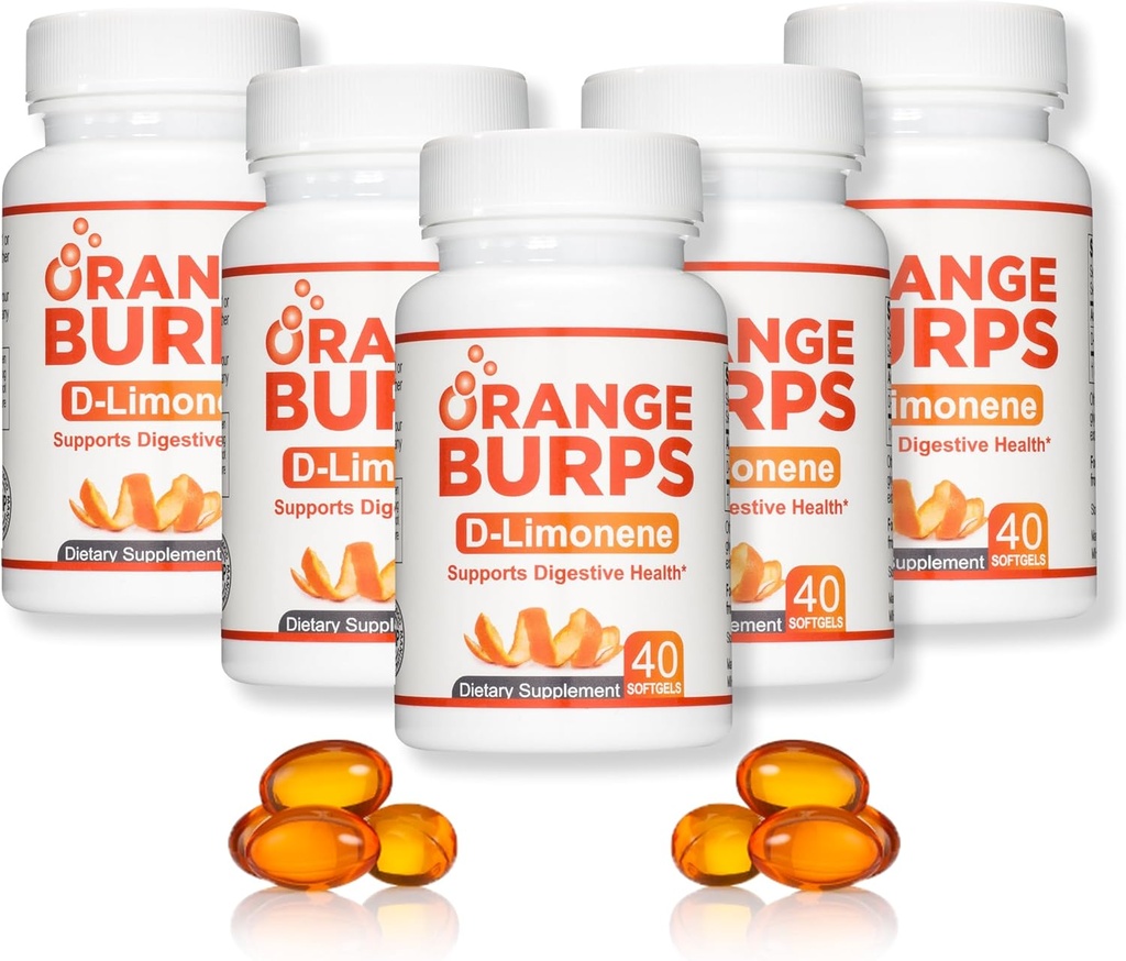 Orange Burps | D-Limonene Supplement - Acid Reducer (Antacid for Acid Reflux), Heartburn Relief, GERD Relief, and Indigestion Relief | Orange Peel Extract for Health and Wellness (1,000 mg, Pack of 5)