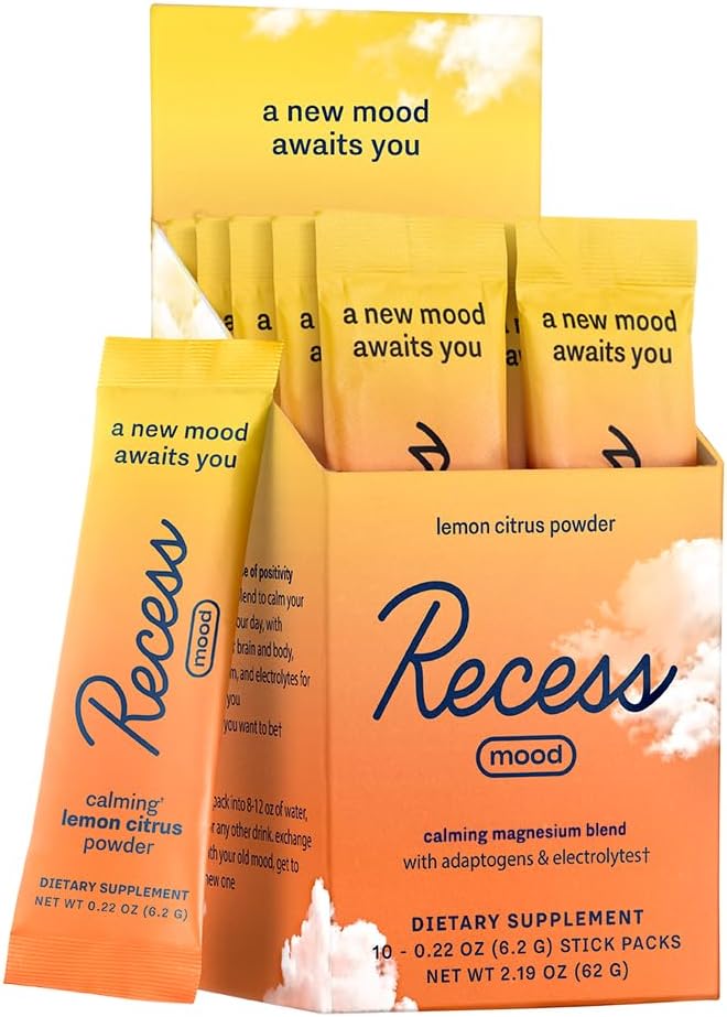 Recess Mood Powder, Calming Magnesium L-Threonate Blend with Passion Flower, L-Theanine, Electrolytes, Magnesium Calm Support Powder Supplement - Lemon Citrus Pack of 10
