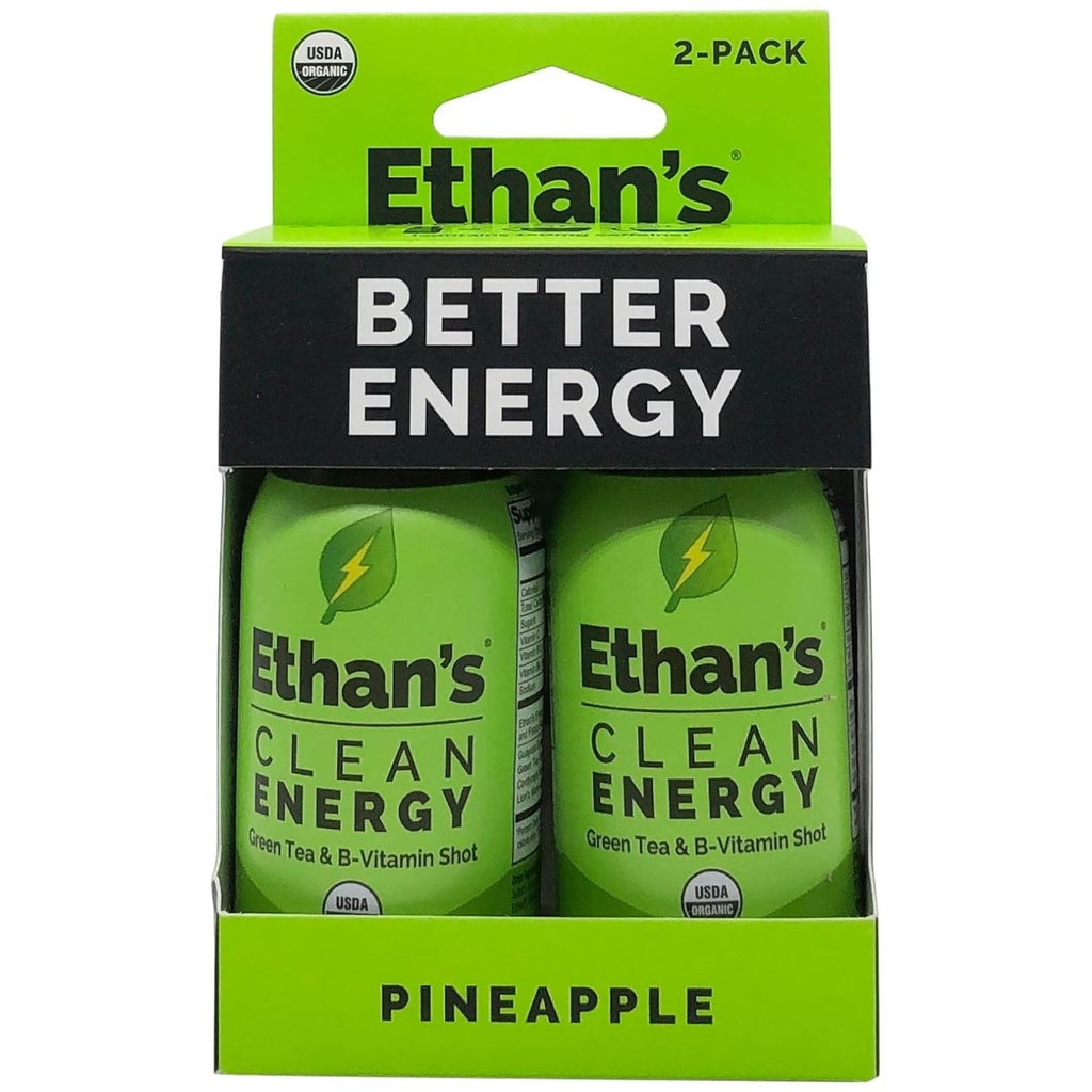 Ethan's Organic Clean Energy Shots Pineapple, Sugar Free Natural Pre-Workout Focus Boost, Gluten Free, Vegan, B6 & B12 Vitamin C with Green Tea Extract and Guayusa (2 Pack of 2oz Shots)