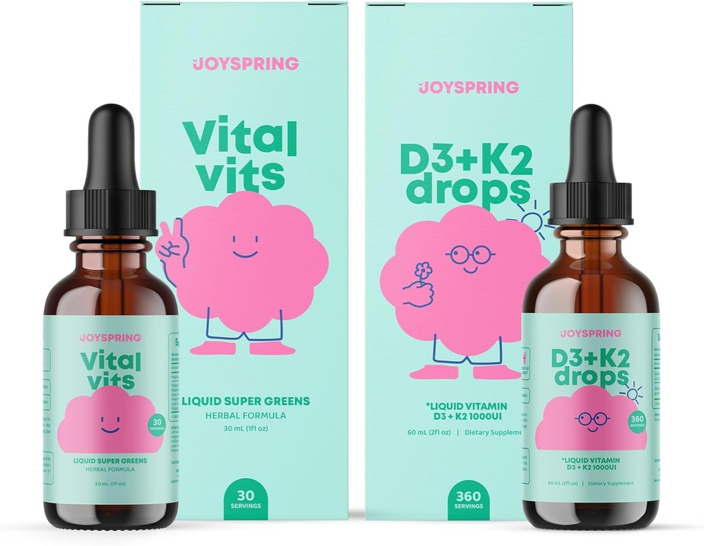 JoySpring Vitamin D Drops for Toddlers to Support Growth and Daily Multivitamin with Burdock Root & Elderberry for Kids Immune Booster