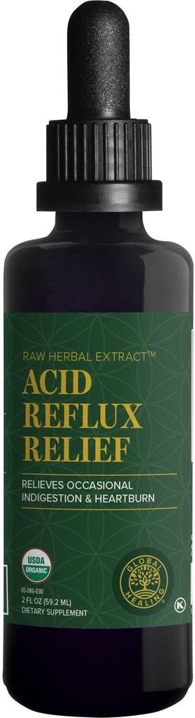Global Healing Acid Reflux Relief Organic Liquid Supplement W/Slippery Elm - Helps Upset Stomach, Heartburn, Indigestion - Supports Body's Defense Against Digestive Issues - 2 Fl oz