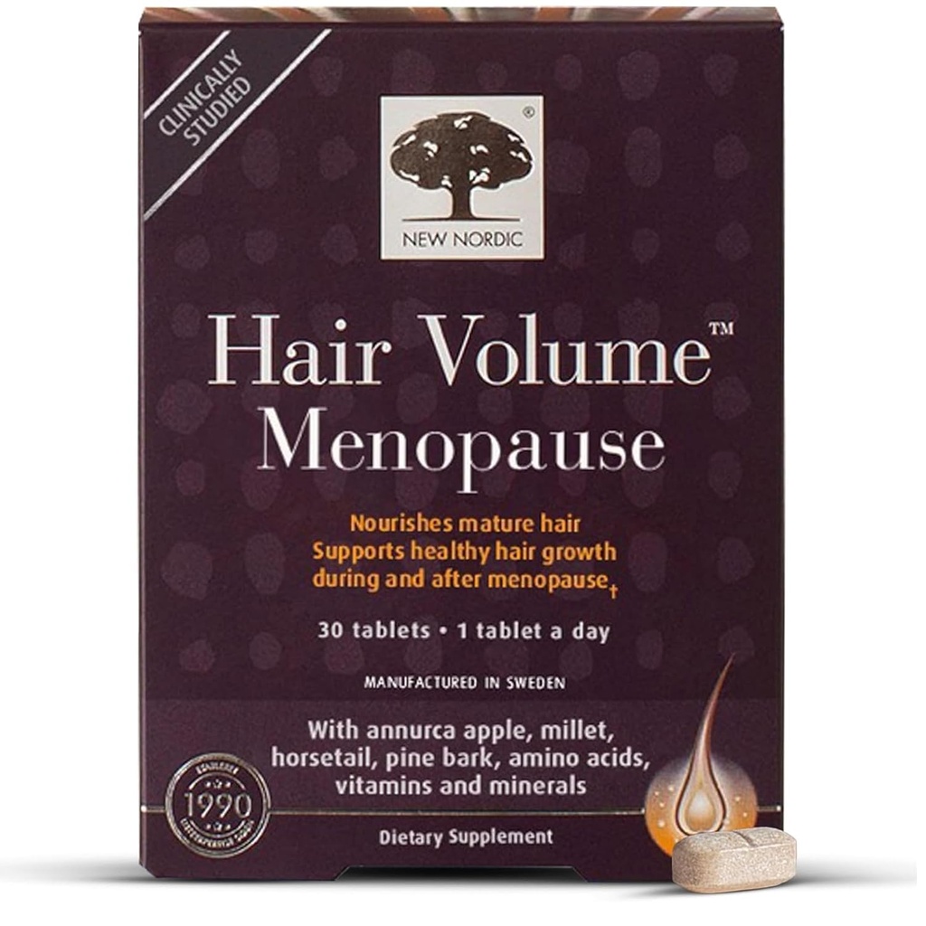 New Nordic Hair Volume Menopause, Supports Healthy Hair Growth During & After Menopause, Nourishes Mature Hair for Post-Menopausal Women, 30 Tablets