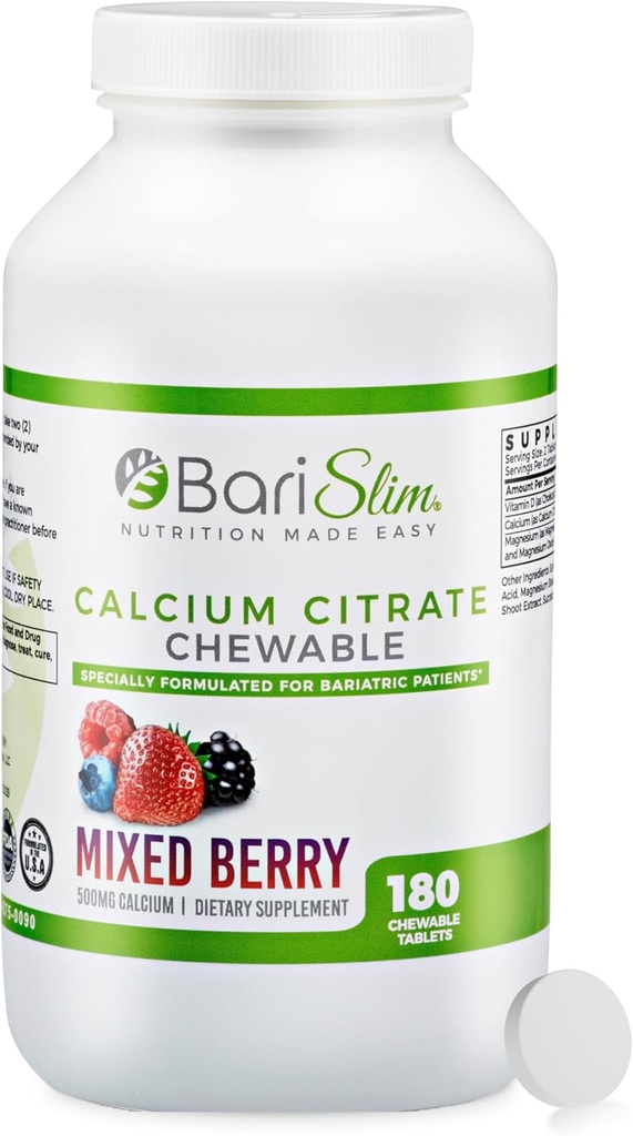 BariSlim Bariatric Calcium Citrate with Magnesium and Vitamin D Tabs - 500 mg of Calcium Citrate Per Serving - Formulated for Patients After Weight Loss Surgery | Mixed Berry (90 Servings)