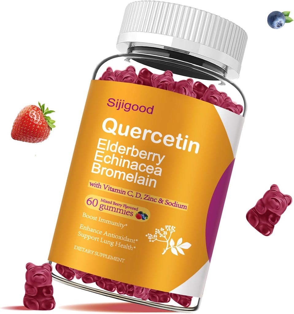 Quercetin Gummies with Bromelain, Elderberry, Echinacea, Vitamin C D Zinc - Immune System Support 60 Counts Pure Quercetin Gummies for Kids & Adults