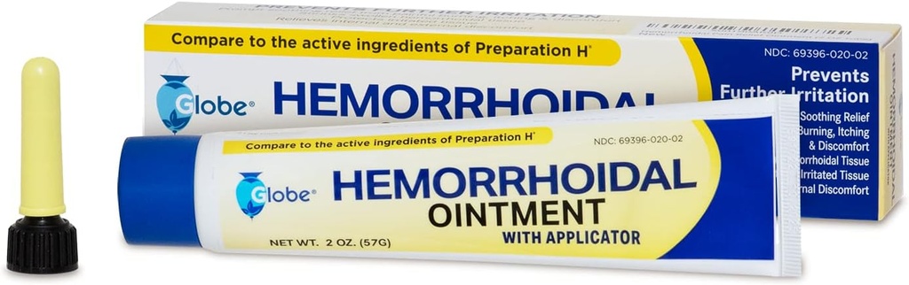 Globe Hemorrhoidal Ointment w/Applicator, Phenylephrine HCl, Petrolatum, Mineral Oil, Relief from Burning, Itching and Discomfort of Hemorrhoids, 2 Ounce Tube