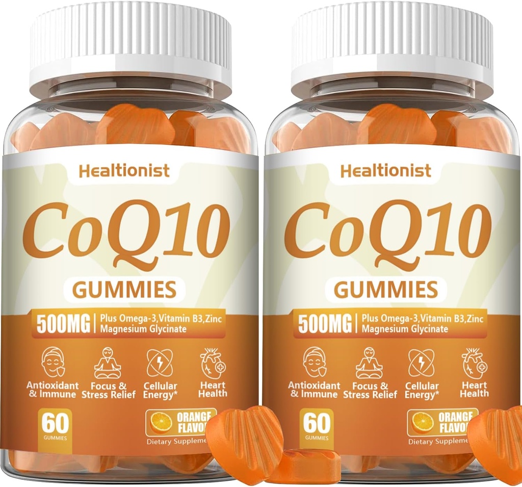 2 Pack 500MG Coq10 Gummies - 3X Better Absorption, Plus Omega-3, Magnesium, Vitamin B3 & Zinc - Coenzyme Q10 Supplements for Heart Health, Cellular Energy & Antioxidant, Vegan, 120 Counts