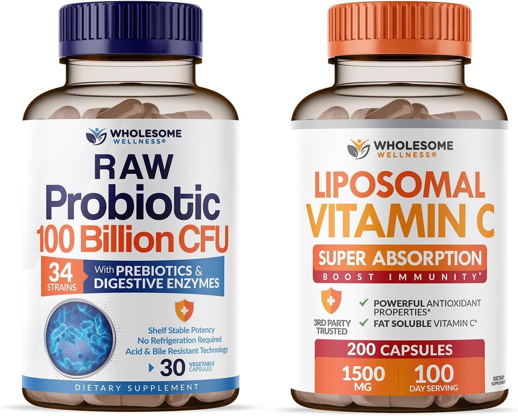 Wholesome Wellness Organic Probiotics 100 Billion CFU, Dr Formulated for Women and Men + Liposomal Vitamin C Capsules (200 Pills 1500mg Buffered) High Absorption VIT C Bundle