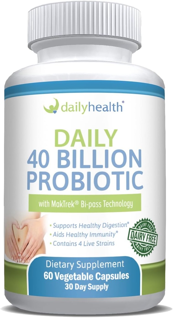 Daily Probiotic 40 Billion CFU MakTrek Bi-Pass Technology Digestion Immune Health 60 Veggie Capsules (1 Month Supply)