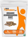BulkSupplements.com Organic Ashwagandha Powder - Organic Ashwagandha Supplements, Sourced from Ashwagandha Root - Gluten Free, 2g per Serving, 250g (8.8 oz) (Pack of 1)