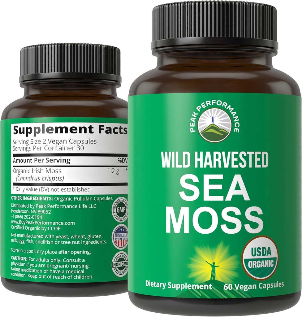 Organic Sea Moss Capsules. Wild Harvested Sea Moss Raw Organic Vegan Supplement from Red Algae Seaweed. 100% Whole Extract Raw Irish SeaMoss Superfood Pills. for Gut, Respiratory, Immune Support.