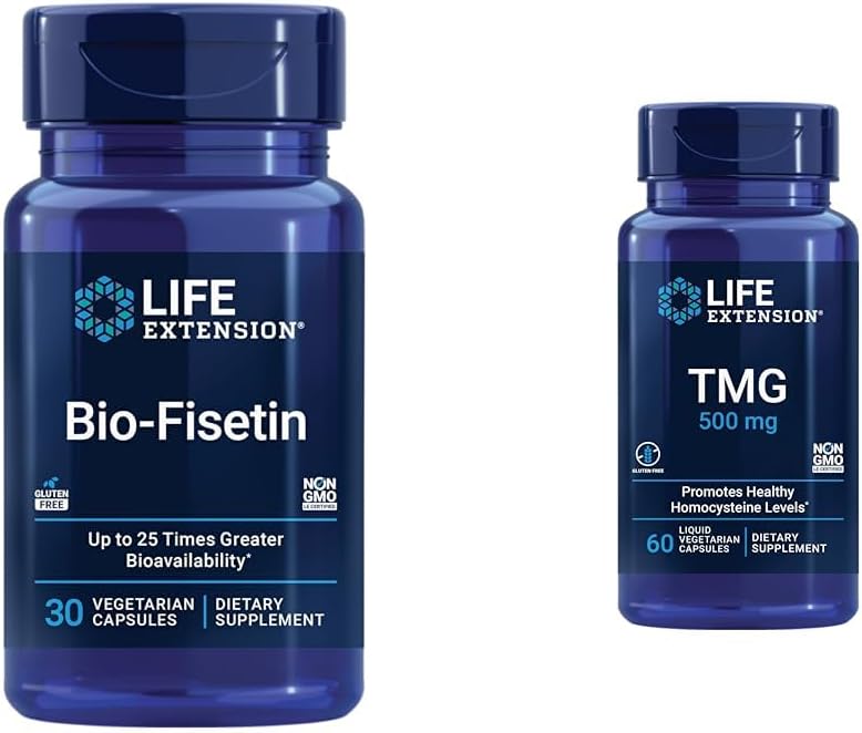 Life Extension Bio-Fisetin Fisetin Galactomannans Fenugreek Seed Cellular Health Cognitive Health Longevity Gluten-Free Vegetarian Non-GMO 30 Capsules and TMG 500mg 60 Liquid Vegetarian Capsules