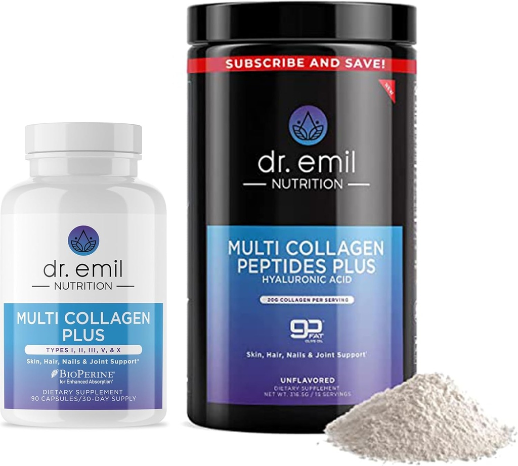DR. EMIL NUTRITION Complete Multi Collagen Bundle - Double The Collagen & Double The Hair, Skin & Nails Benefits - Collagen Peptide Pills & Collagen Powder Bundle (15 Servings)