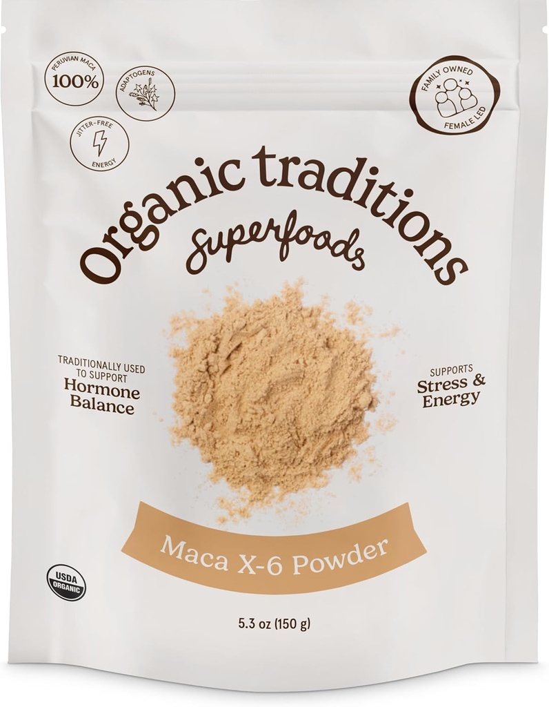 Organic Traditions Maca X-6 Black and Red Powder, Organic Maca Root Powder Organic Maca Powder, Energizing Superfood for Men and for Women, 150g/5.3oz