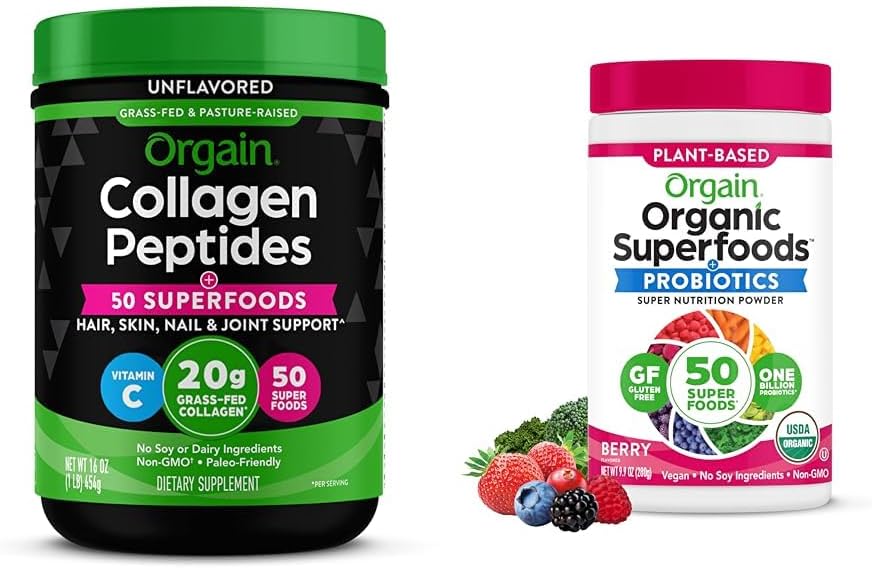 Orgain Hydrolyzed Collagen + Superfoods Powder and Organic Greens Superfoods Powder - 1lb and 0.62lb