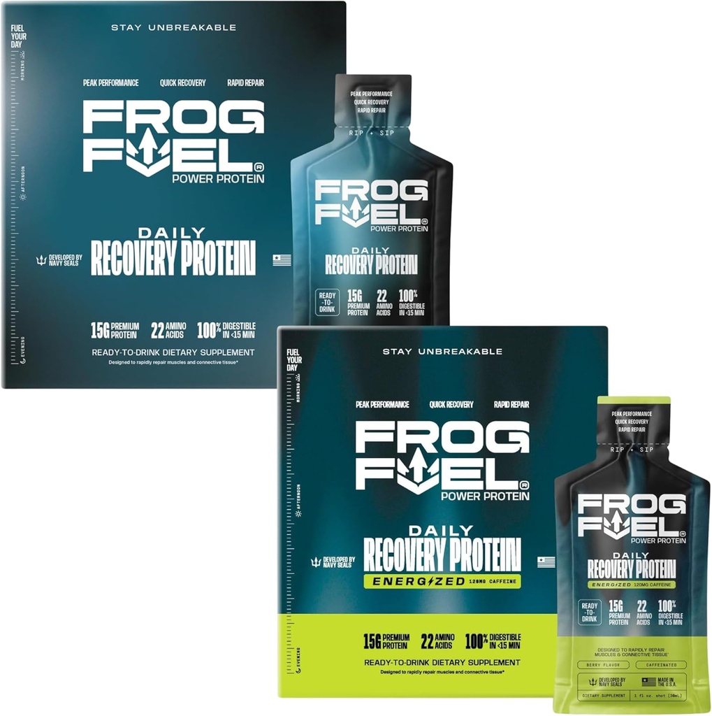 Frog Fuel Power Regular & Power Energized Complete Protein Shot Bundle, 15g Protein Nano-Hydrolyzed Grass Fed Collagen, Post Workout, Fat & Sugar Free, 22 Amino Acids, Berry, 1 oz Packets, 48 Pack