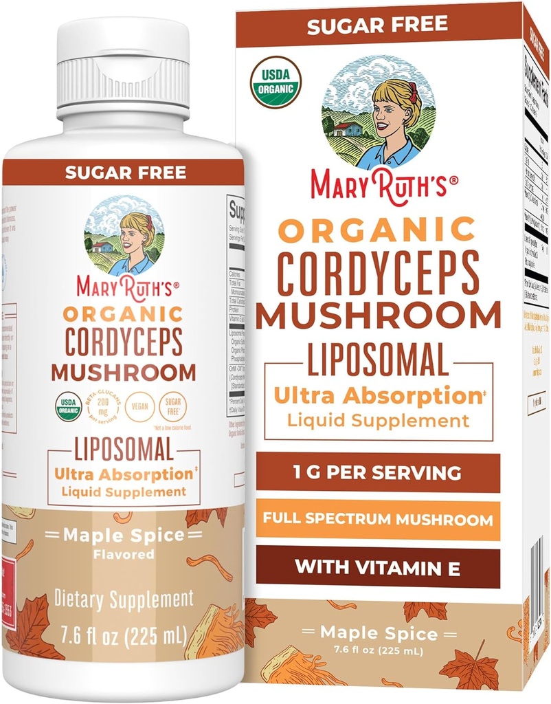 MaryRuth Organics Cordyceps Mushroom Supplement | Ultra Absorption Liposomal | Full Spectrum Mushroom | 200mg Beta-Glucans Per Serving | USDA Organic | Vegan | 7.6 oz | 15 Servings