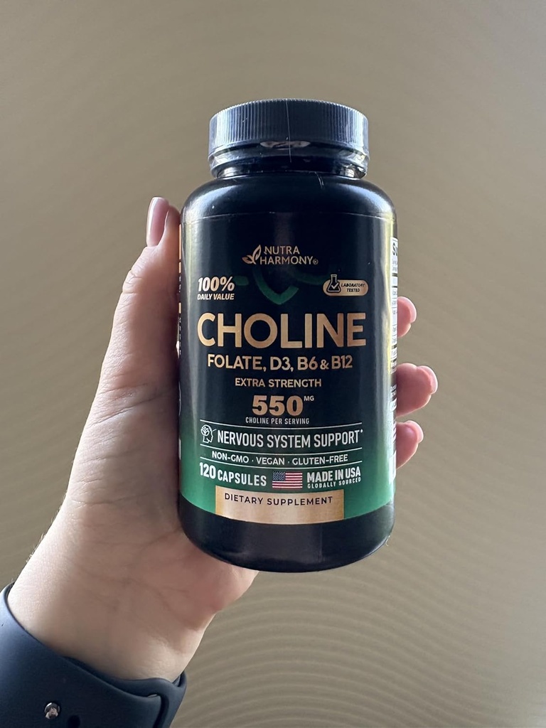 NUTRAHARMONY Choline Supplement - Choline Bitartrate 100% Daily Value - 5-in-1 Complex with Folate, Vitamins D3, B6 & B12 - Vegan, Non-GMO - 120 Capsules