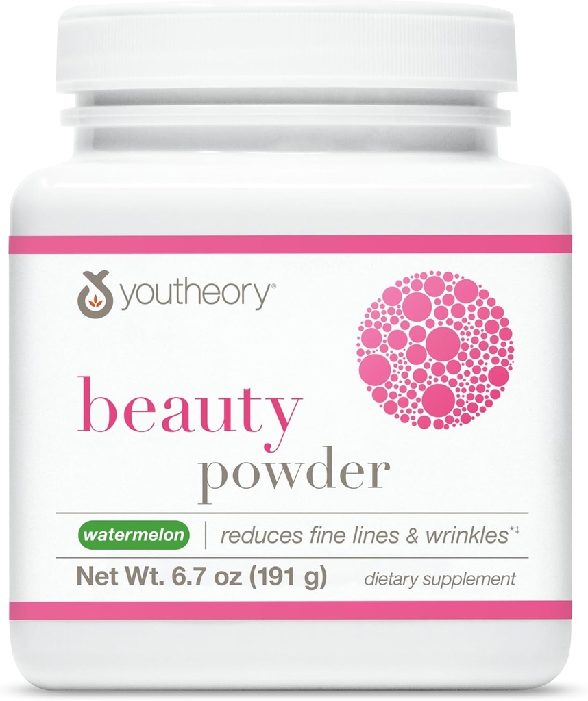 Youtheory Beauty Powder - Skin, Hair, Nail, Joint, Bone & Muscle Support* - with Amino Acids & Hyaluronic Acid - Aids Fine Lines & Wrinkles - Watermelon - 6.7 oz (21 Servings)