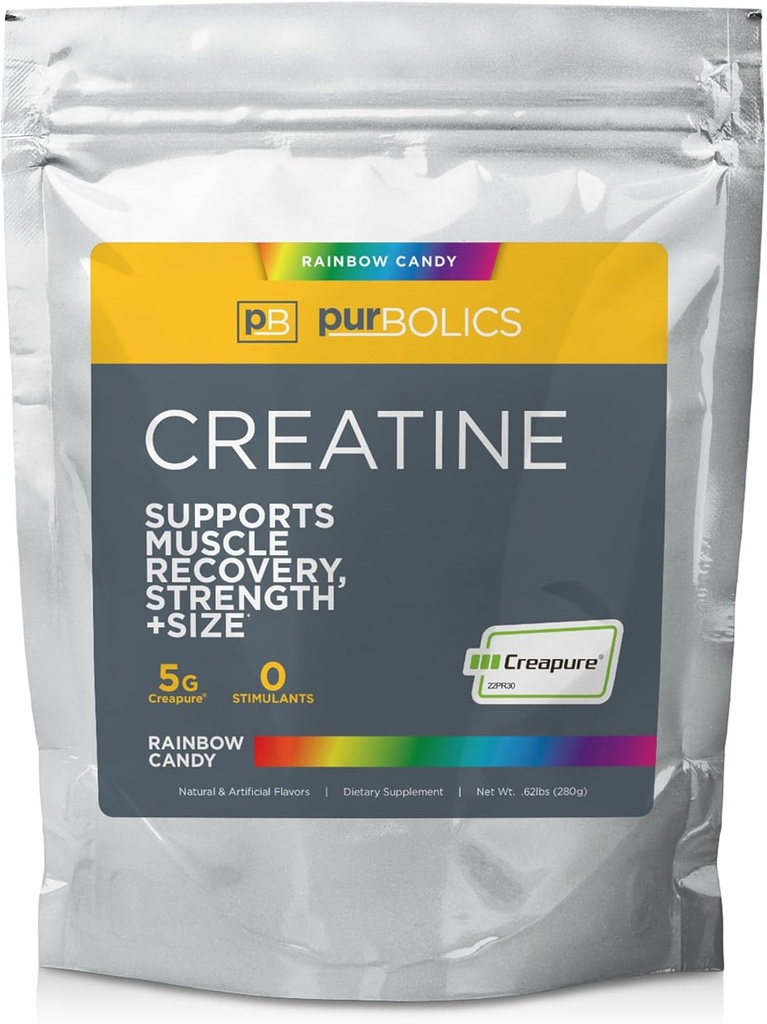 Purbolics Creapure Creatine Monohydrate, Micronized Creatine 5g, Elevate Workout Performance and Recovery, Build Strength, Enhance Pumps (50 Servings, Rainbow Candy)