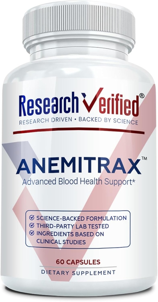 Research Verified Anemia Support - Replenish Iron, Regulate Hemoglobin, Improve Energy - Iron, Vitamin C, Vitamin A, B12, Folate, BioPerine - 60 Capsules - Vegan