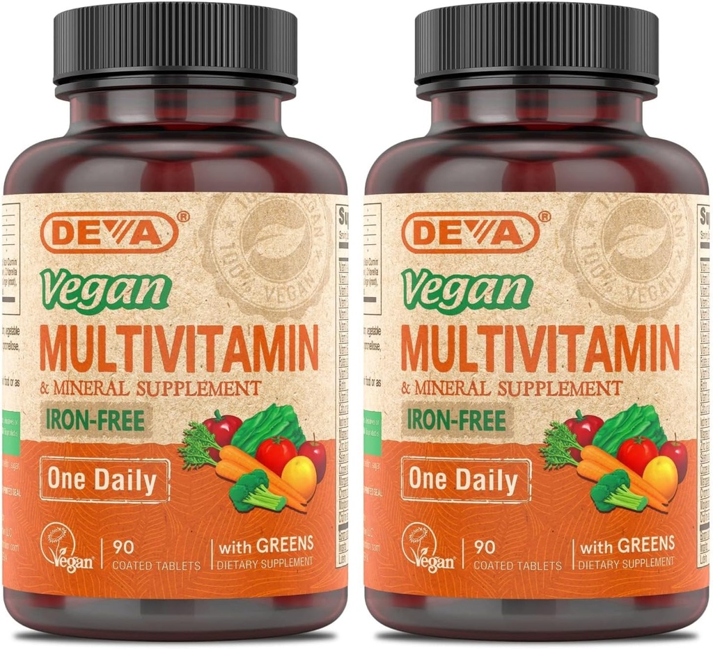 DEVA Vegan Multivitamin and Mineral Supplement - One Daily Vitamin Formula with Greens - Iron Free - 90 Coated Tablets (Pack of 2)