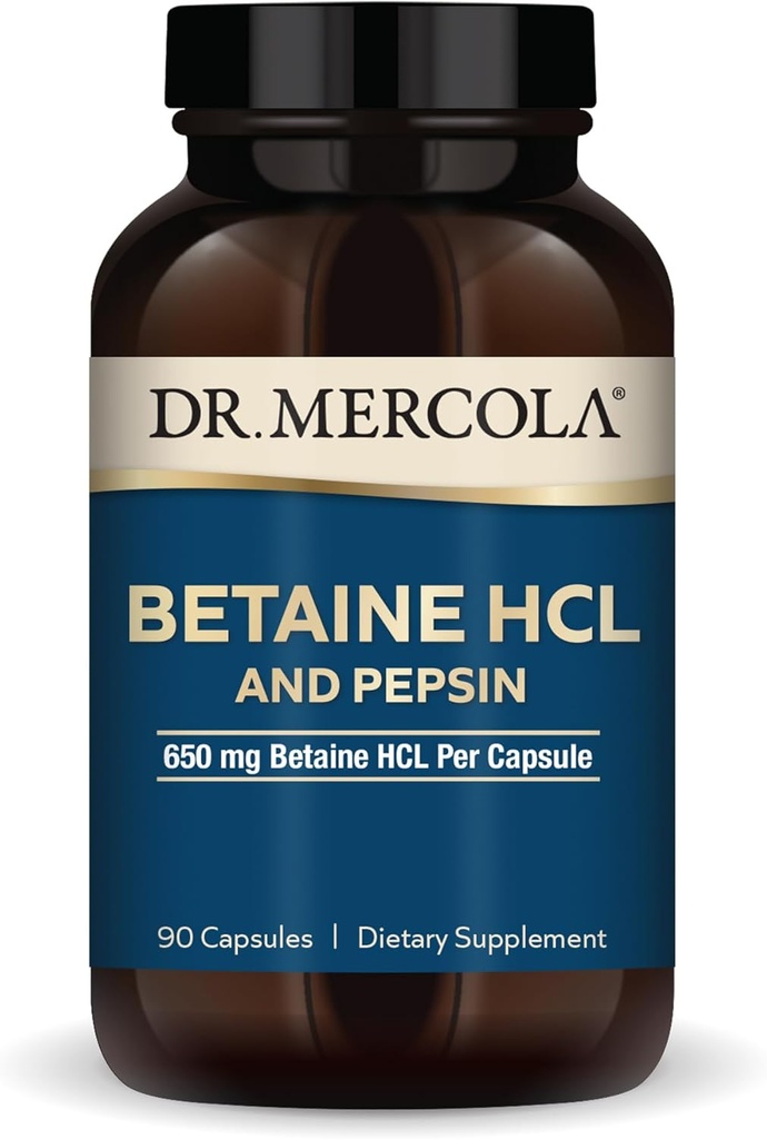 Dr. Mercola Betaine HCL & Pepsin - Digestive Support Supplement for pH Balance - Aids Mineral & Nutrient Absorption - Digestive Aid - Non-GMO, Gluten-Free & Soy-Free - 90 Capsules (30 Servings)
