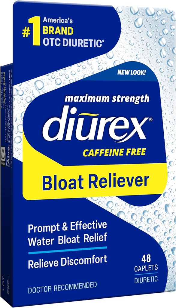 Diurex Caffeine-Free Bloat Relief, Maximum Strength, Relieve Water Bloat Discomfort, Up to 6 Hours of Relief, 48 Count