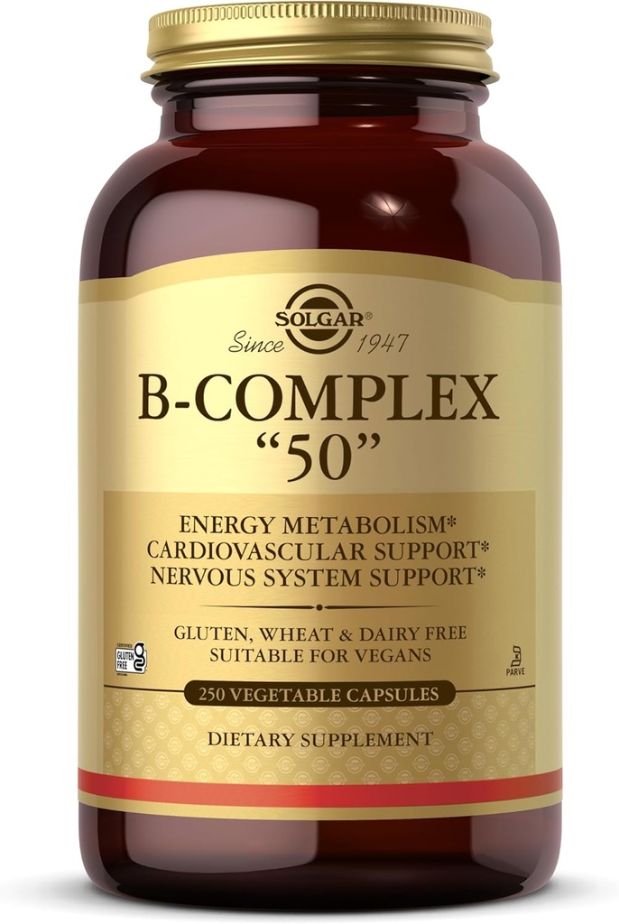 Solgar B-Complex “50”, 250 Vegetable Capsules - Energy Metabolism, Cardiovascular Support, Nervous System Support - Non-GMO, Vegan, Gluten Free, Dairy Free, Kosher - 250 Servings