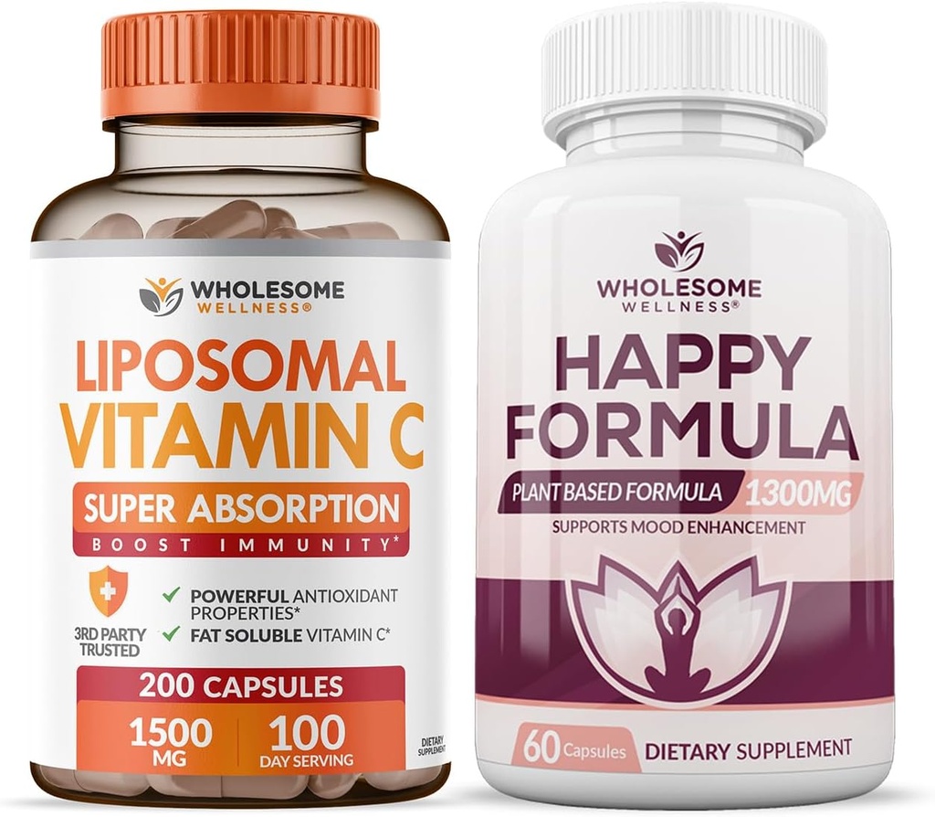 Wholesome Wellness Liposomal Vitamin C Capsules (200 Pills 1500mg Buffered) High Absorption VIT C Happy Formula Natural Formula Relief Supplement Bundle