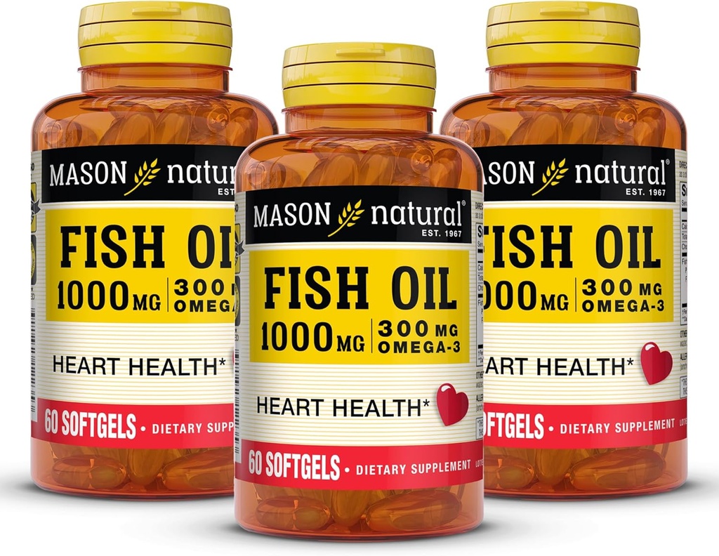 MASON NATURAL Omega,3 Fish Oil, 180,Day Supply, 1000mg with EPA and DHA for Joint Support, 60 Softgel Pills (3 Pack)