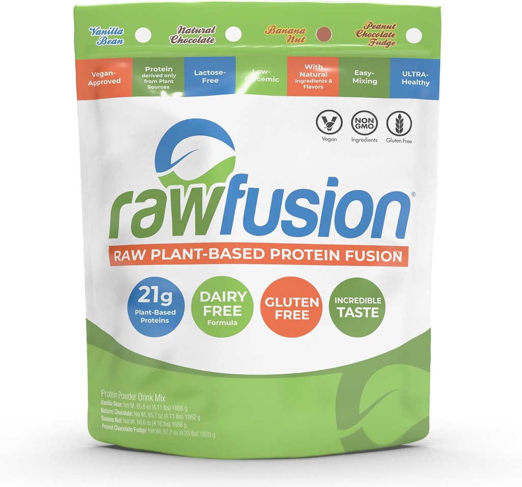 Rawfusion- Vegan Protein Powder, Banana Nut - 60 Servings, 21g of Plant Based Protein, Low Net Carbs, Non-Dairy, Gluten/Lactose Free, Soy Free, Kosher, Non-GMO, 4lbs Pound