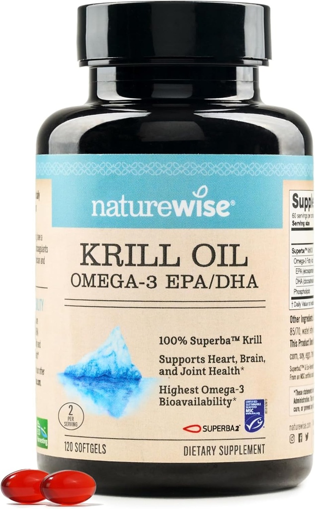 NatureWise Antarctic Krill Oil 1000mg Omega 3 with EPA, DHA, Astaxanthin and Phospholipids - Support for Heart Health & Joints - No Fishy Burps, Non-GMO, Gluten-Free - 120 Softgels[2-Month Supply]