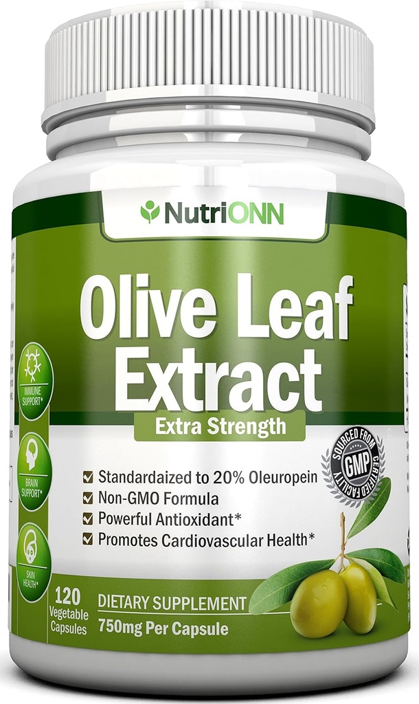Olive Leaf Extract - 750 Mg - 120 Capsules - Extra Strength - 20% Oleuropein - Non-GMO Formula - Premium Quality From Pure Olive Leaves - Powerful Antioxidant - Great for Heart, Skin and Brain