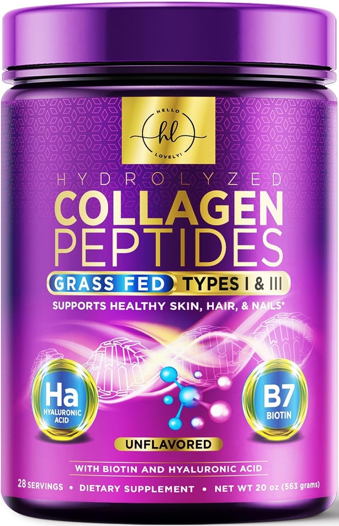 Collagen Peptides Powder 20G with Hyaluronic Acid & Biotin, Unflavored Grass Fed Hydrolyzed Powder Type I & III - Supports Hair, Nail, Skin, Bone & Joint - Best Collagen Supplements - 28 Servings