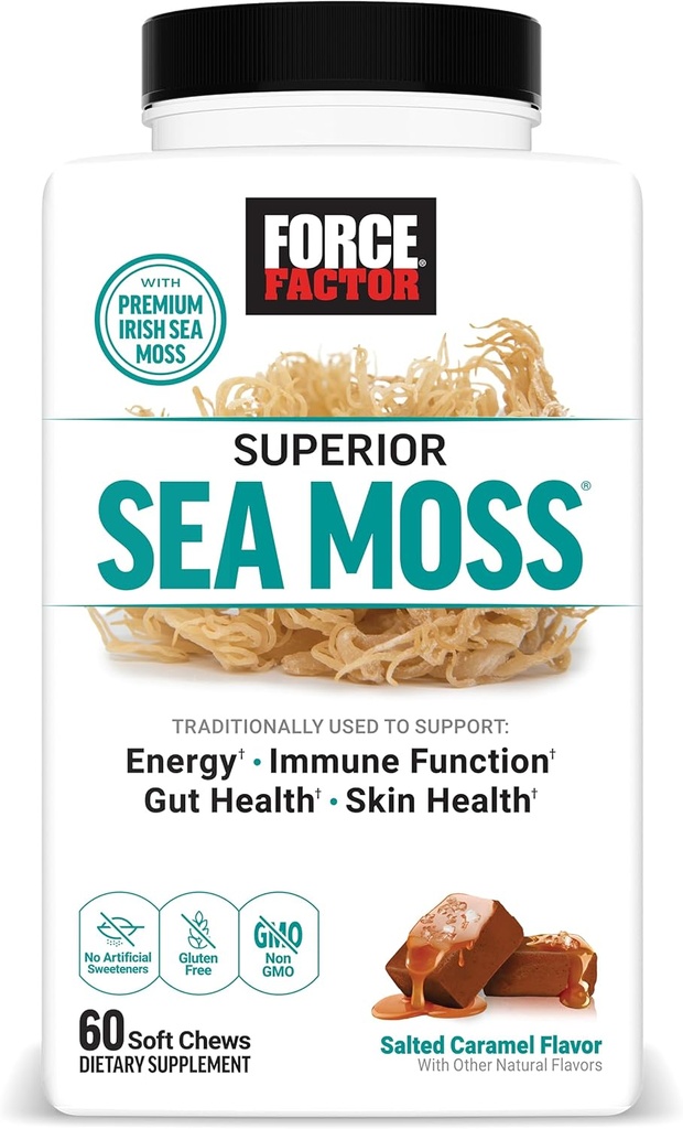 FORCE FACTOR Superior Sea Moss, Premium Irish Sea Moss to Support Energy, Immune Function, Gut Health, & Skin Health, Non-GMO, Gluten Free, Salted Caramel Flavor, 60 Soft Chews