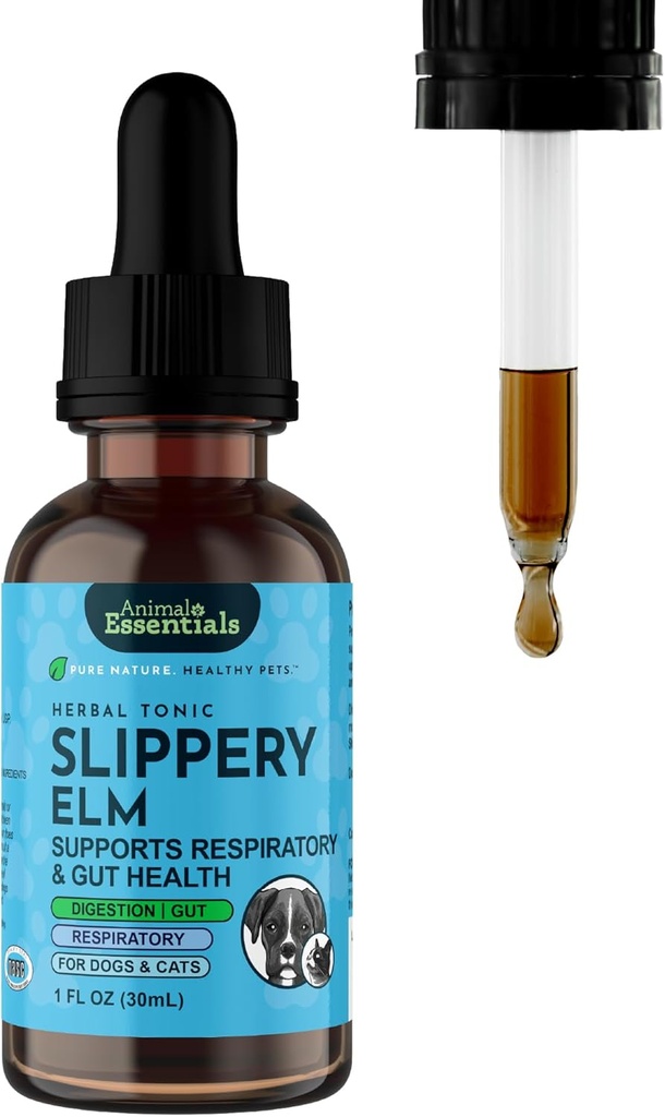 Animal Essentials Slippery Elm - Herbal Extract for Dogs and Cats, Promotes Healthy Digestion, Bowel Function, Certified Organic Herbs, All Natural, Respiratory Health, Liquid Formula - 1 Fl Oz