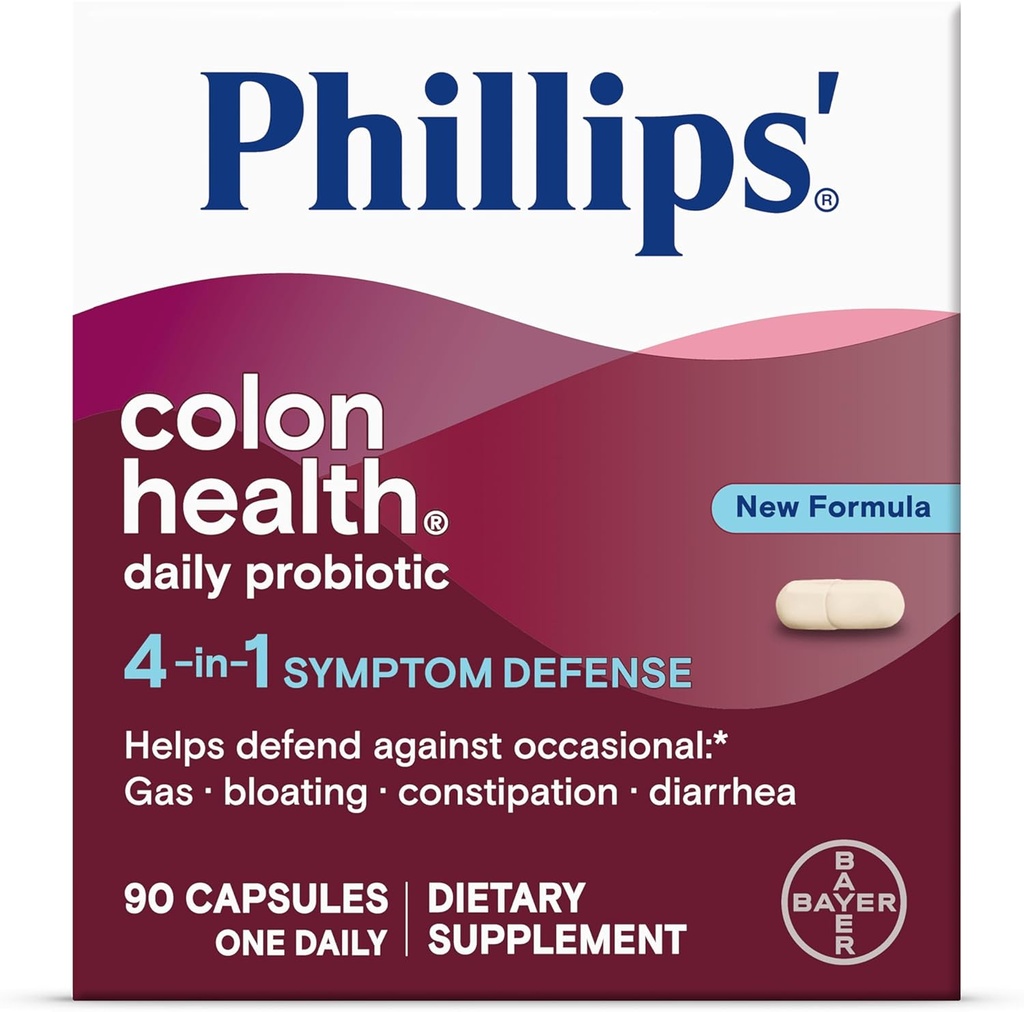 Phillips' Colon Health Daily Probiotic Capsules, 4-in-1 Symptom Defense to Help Defend Against Occasional Gas, Bloating, Constipation, and Diarrhea, Daily Supplement, 90 Count