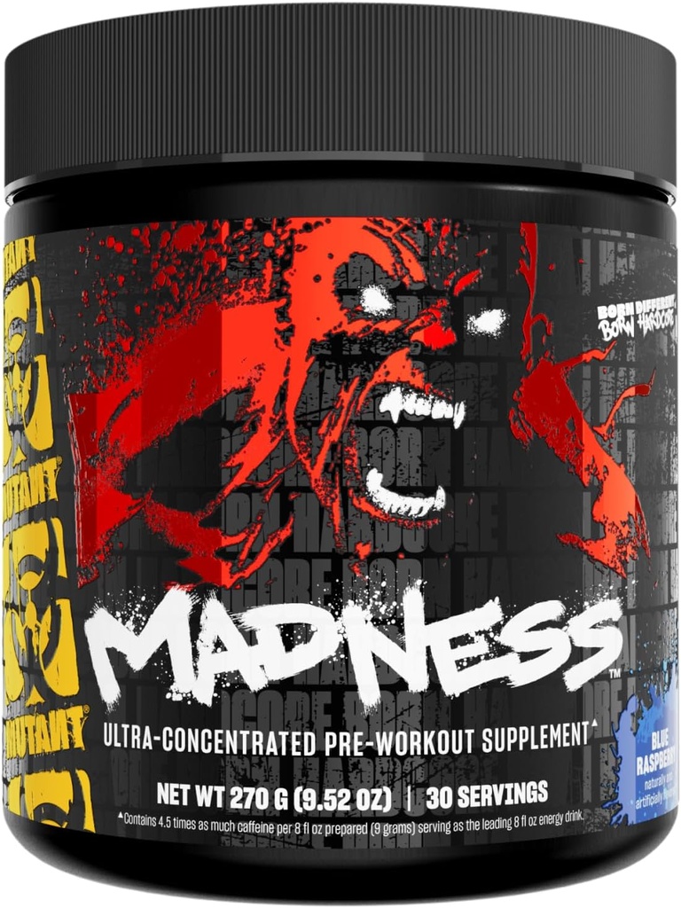 Mutant Madness | Pre Workout Powder Supplement Performance and Pump Blend Includes L-Citrulline, Beta-Alanine, Taurine, L-Tyrosine | 30 Serving | Blue Raspberry