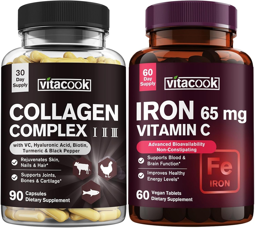 Collagen Peptides and Iron Bundle, 2025 MG Collagen, Zero Sugar, 65 MG Elemental Iron, Carbonyl Iron with Vitamin C, Gentle on The Stomach