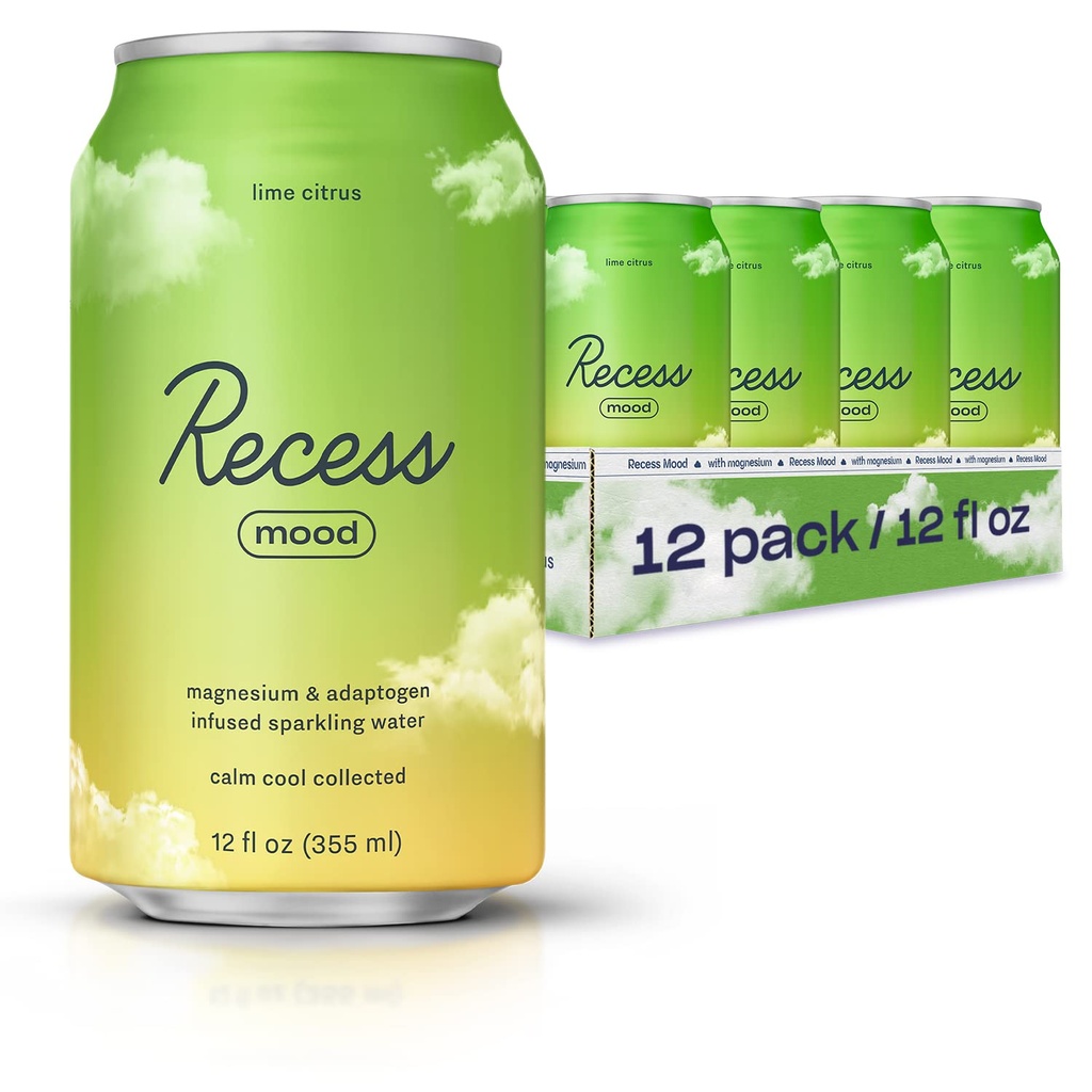 Recess Mood Magnesium & Adaptogen Drink, Relaxation Beverage, 12 ounce (Lime Citrus, 12 pack)