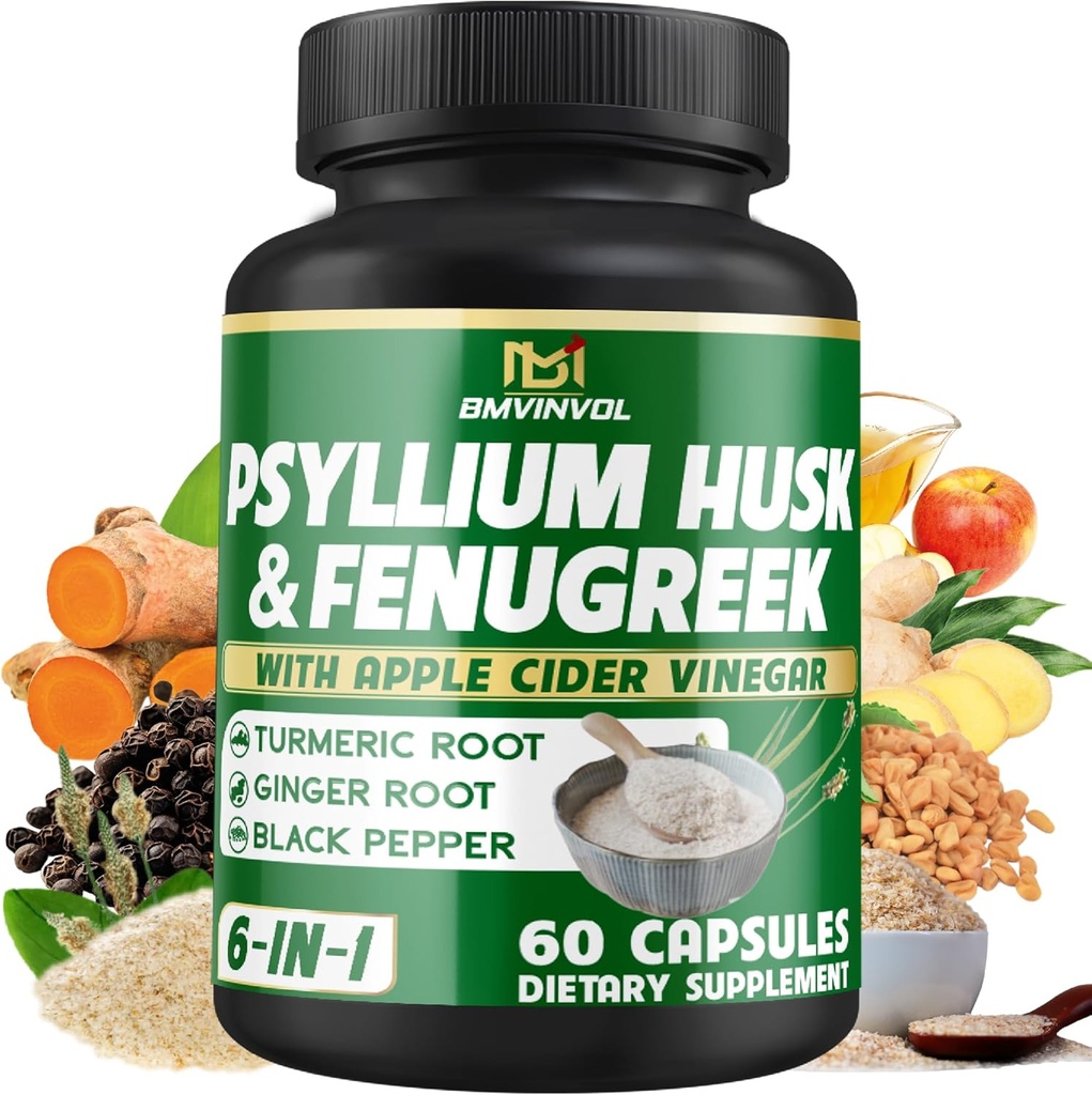 BMVINVOL Psyllium Husk Fiber Supplement t with Fenugreek, Apple Cider Vinegar, Turmeric, Ginger, Black Pepper- Digestion Health Support - 60 Capsules