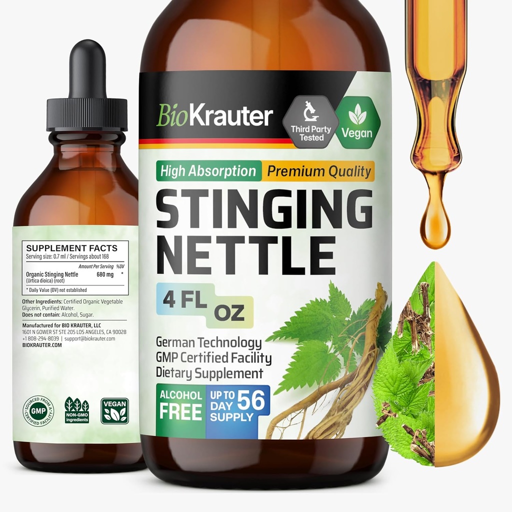 BIO KRAUTER Stinging Nettle Tincture - Nettle Root Extract Liquid - Urinary Support Supplement - Urtica Dioica Natural Extract - Vegan, Sugar & Alcohol Free Drops 4 Fl.Oz.