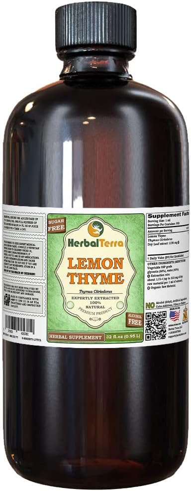Lemon Thyme (Thymus x Citriodorus) Glycerite, Organic Dried Herb Alcohol-Free Liquid Extract (Brand Name: HerbalTerra, Proudly Made in USA) 32 fl.oz (0.95 l)
