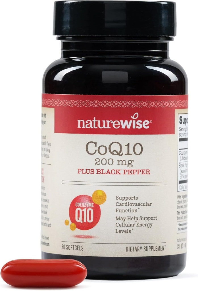 NatureWise CoQ10 200mg + Black Pepper Softgels - High Absorption Coenzyme Q10 + Black Pepper - Antioxidant for Heart Health + Cellular Energy - Vegan, Non-GMO, Gluten-Free - 30 Count[30-Day Supply]