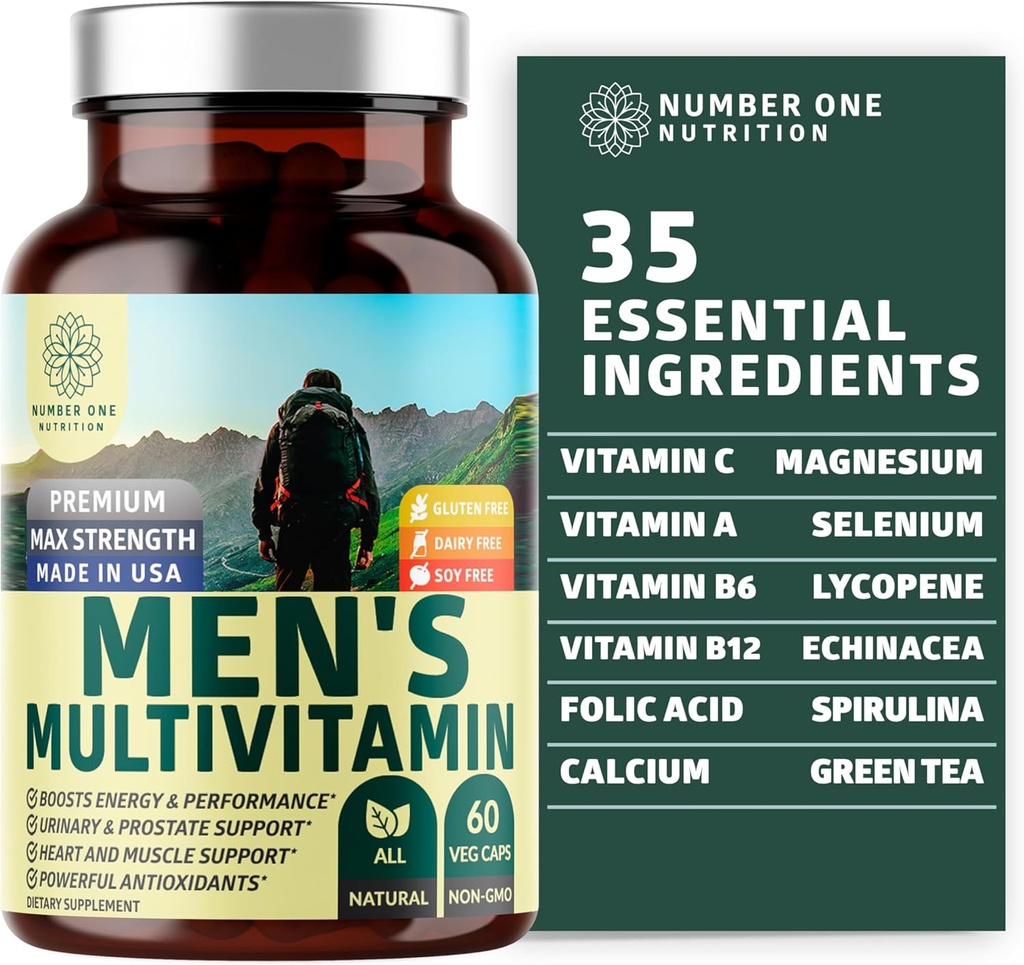 Number One Nutrition Premium Men's Daily Multivitamin Multimineral Supplement [Gluten Free, Non-GMO], Vitamins A C E D B1 B2 B3 B5 B6 B12, Magnesium, Biotin, Sprulina, and Zinc, 60 Veg Caps