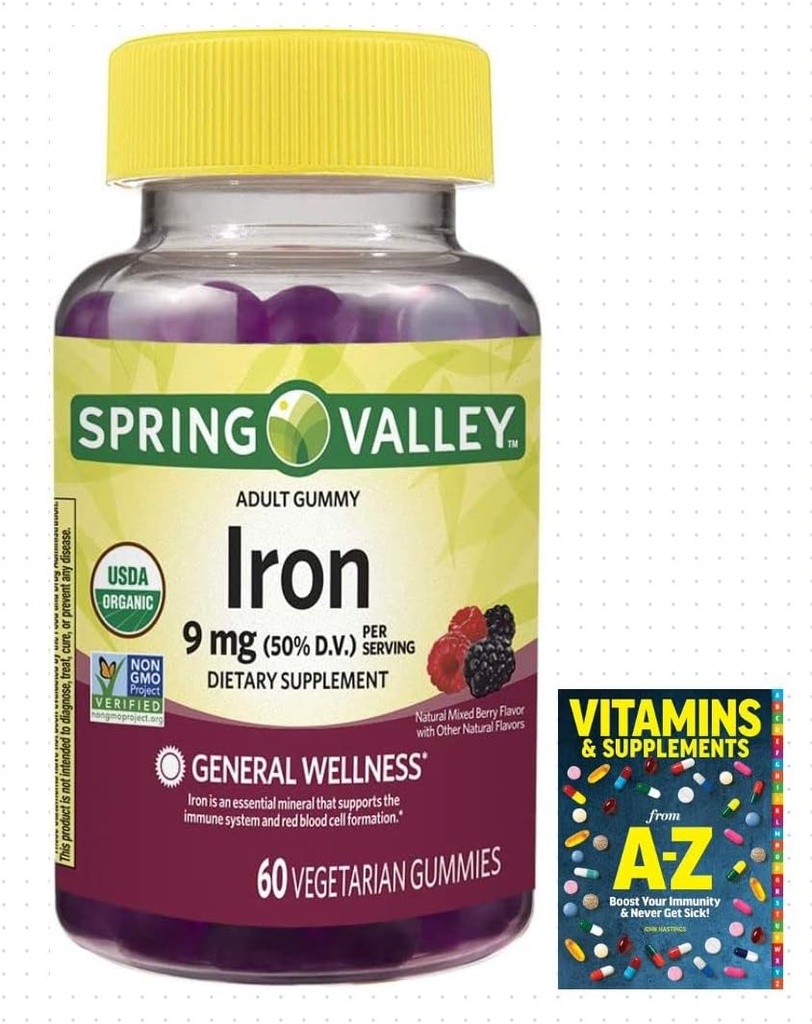 Spring Valley Organic Iron 9 mg, General Wellness, Mixed Berries, 60 Vegetarian Gummies+Better Guide Vitamins Supplements
