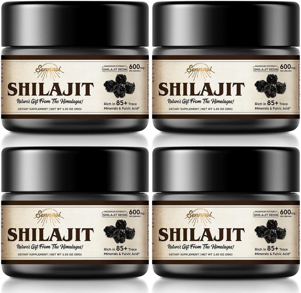 Shilajit Pure Himalayan Organic Shilajit Resin - 600mg Maximum Potency Natural Organic Shilajit Resin with 85+ Trace Minerals & Fulvic Acid for Energy, Immune Support, 30 Grams (4 Pack)