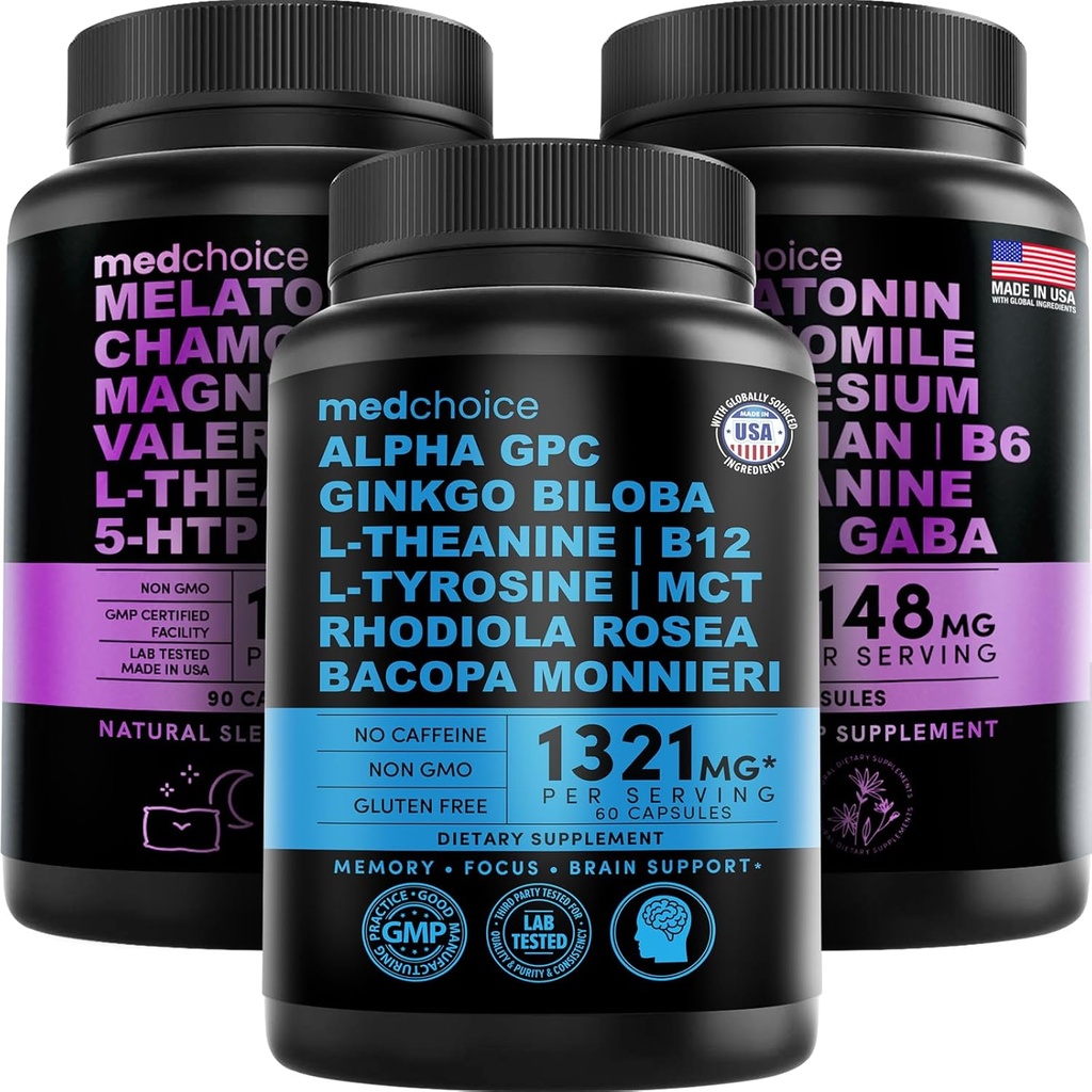 MEDCHOICE Sleep Melatonin (180ct) and Nootropic Brain (60ct) Supplement Bundle - Wellness Duo for Sleep, Brain, Focus, & Mood Support - Vegan, Non-GMO, Gluten-Free